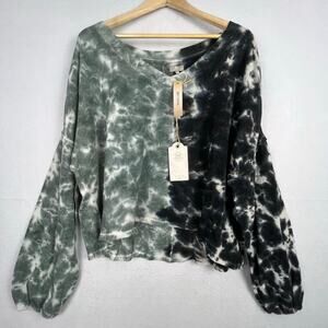 NEW True Craft Blue Teal Tie Dye Long Sleeve Women's Baggy Cropped Sweatshirt XL